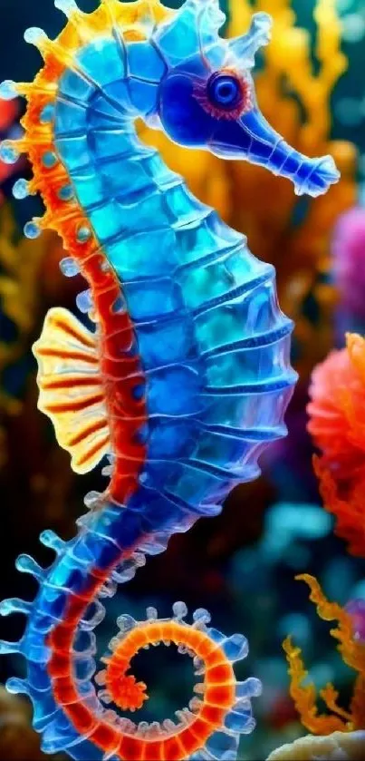 Vibrant colorful seahorse in a coral reef.