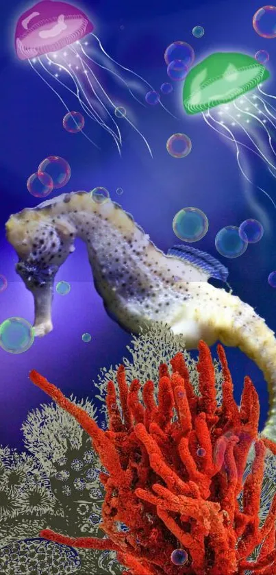 Colorful seahorse with coral and jellyfish in blue aquatic wallpaper.