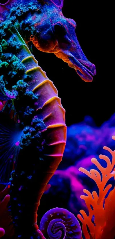 Vibrant neon seahorse on dark background.