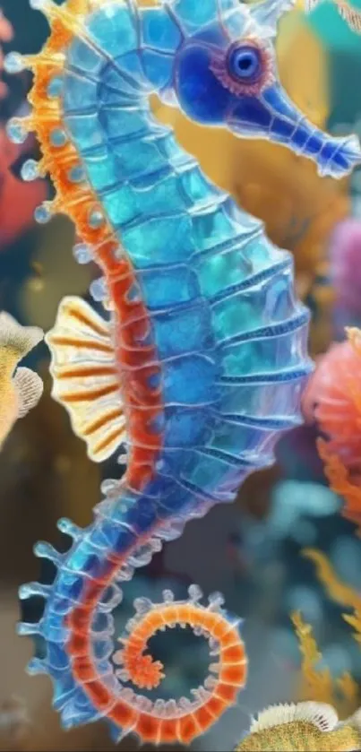 Colorful blue seahorse with coral background.