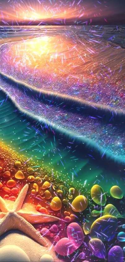 Vibrant fantasy seascape with starfish and colorful waves.