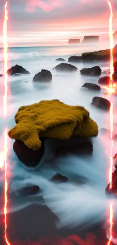 Vibrant seascape with glowing orange light and rushing water.