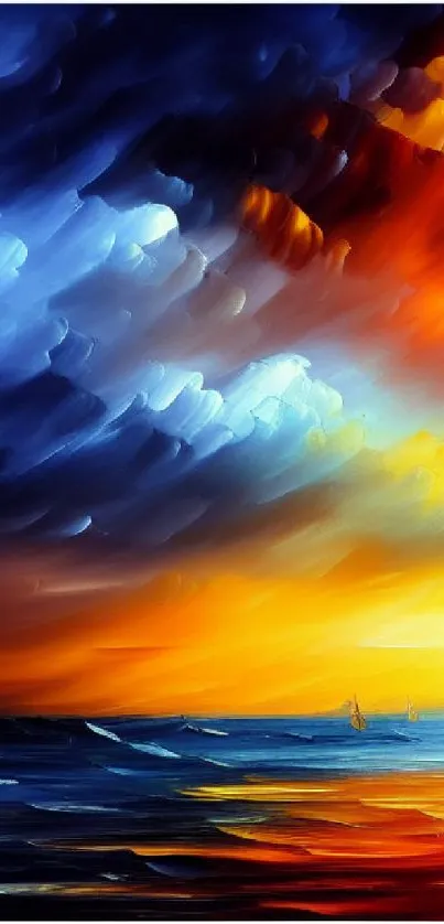 Vibrant seascape painting with a ship and colorful sky.