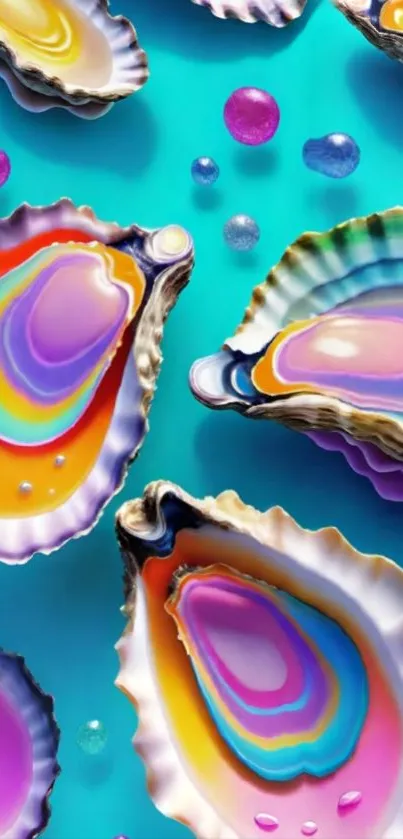 Colorful seashell art on turquoise background.