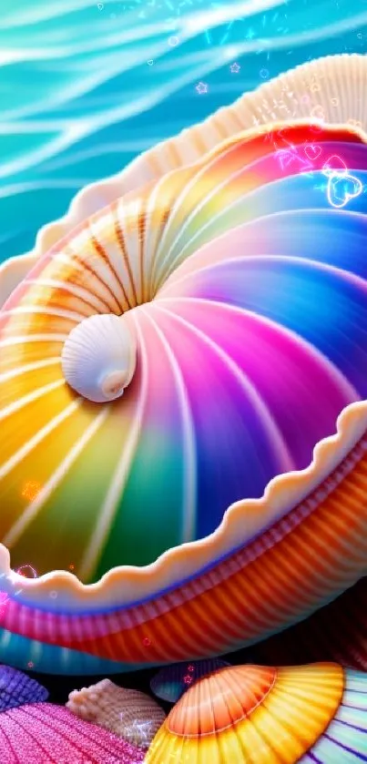 Vibrant seashells with colorful ocean waves background.