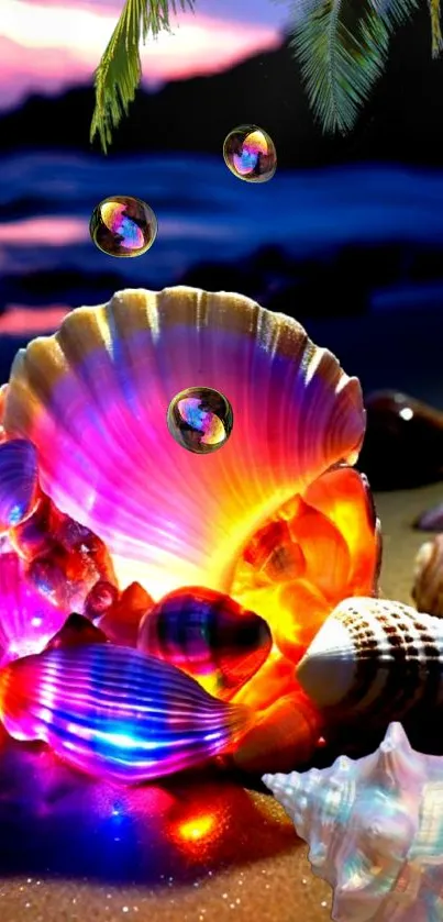 Illuminated seashells on a vibrant beach with colorful lights in the background.