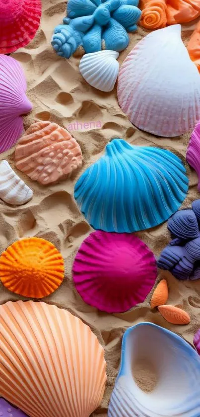 Colorful seashells on sandy background creating vibrant beach theme.