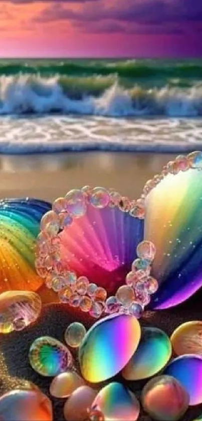 Vibrant and colorful seashells on the beach with ocean waves in the background.