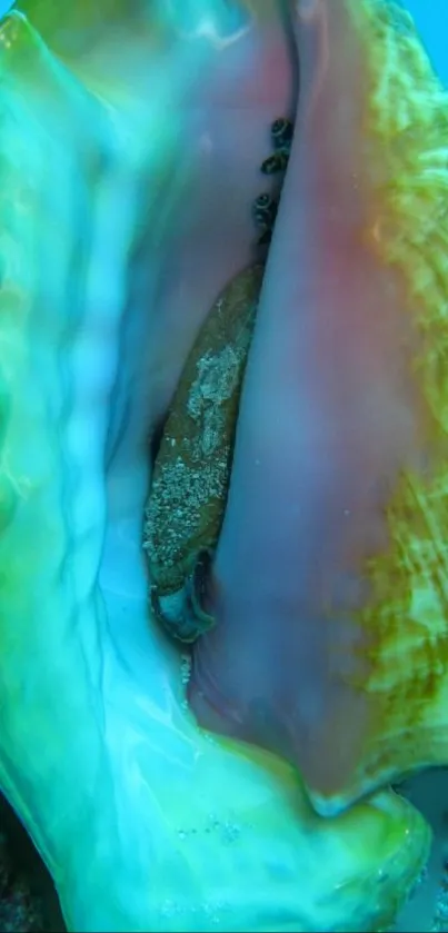Close-up of a vibrant seashell with intricate colors and ocean details.