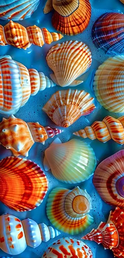 Vibrant seashells on a calming blue background, perfect for mobile wallpaper.