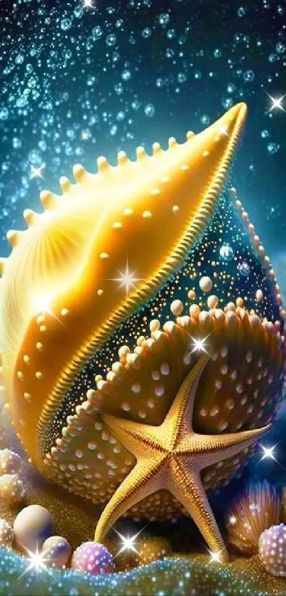 Vibrant 3D seashell and starfish artwork with bubbles on the ocean floor.