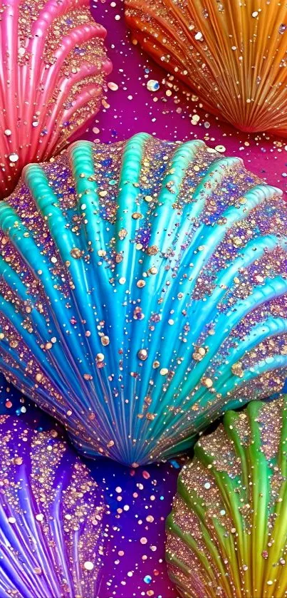 Colorful seashells with glitter, vibrant mobile wallpaper.