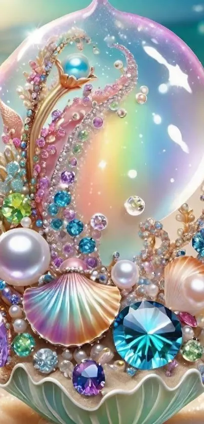 A whimsical fantasy seashell adorned with colorful jewels and pearls.