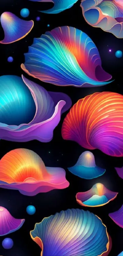 Colorful seashells on a black background wallpaper.