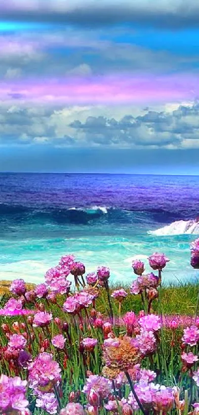 Pink flowers with ocean and blue sky mobile wallpaper.