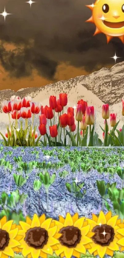 Colorful floral collage with mountains and sun in mobile wallpaper.