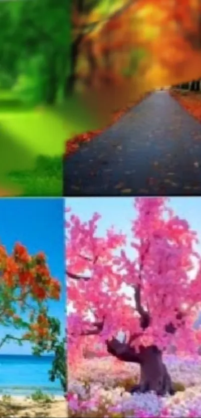 Colorful collage of seasonal landscapes with vivid nature scenes.