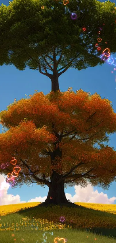 Vibrant tree mobile wallpaper with seasonal foliage and a blue sky.