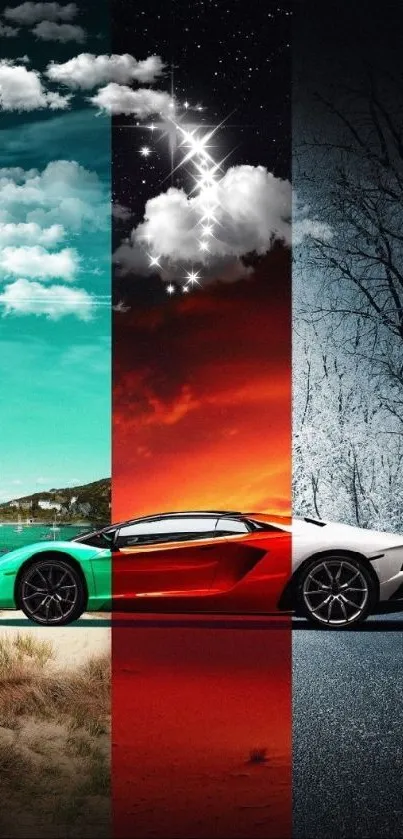 Sports car with vibrant seasonal landscapes in teal, red, and white.