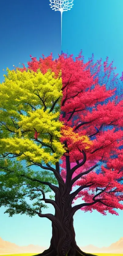 Vibrant tree with colorful leaves on a blue sky background.