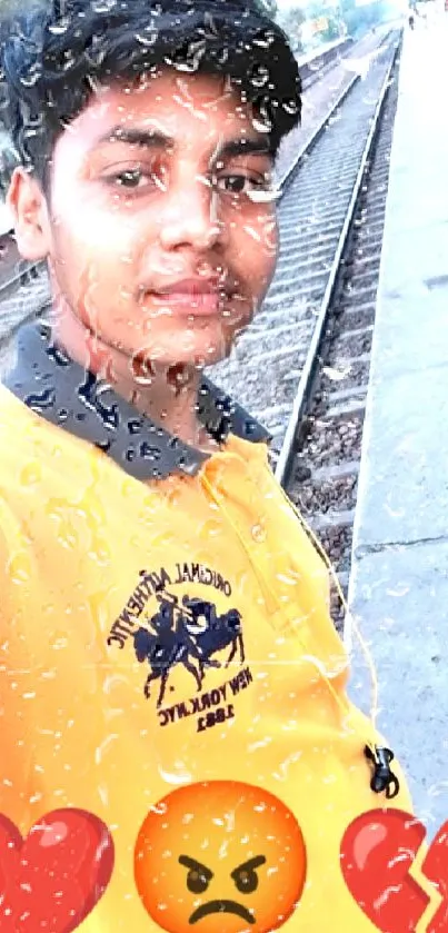 Selfie with yellow shirt and emojis at railway tracks.