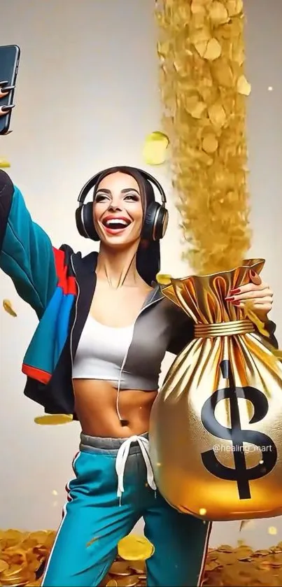 Woman taking a selfie with headphones and gold coins.