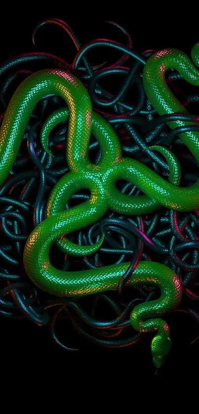 Vibrant green snake with colorful vines on black background.