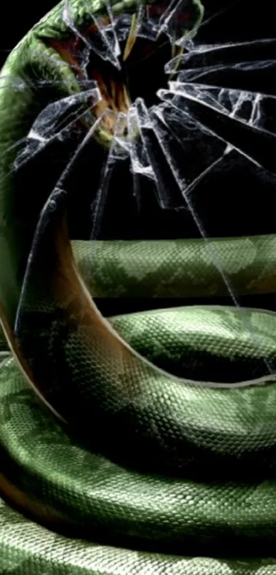 Dramatic green snake with shattered glass effect on dark background.