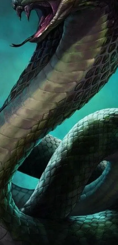 Vibrant serpent artwork wallpaper with teal background and detailed scales.