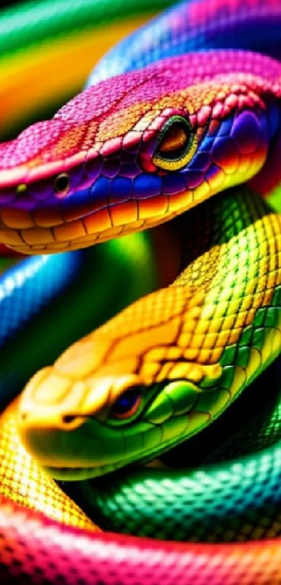 Colorful intertwined snakes in a vibrant digital art wallpaper.