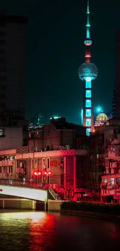 Neon-lit Shanghai skyline at night with vibrant colors and reflections.