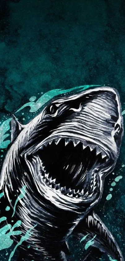 Dynamic shark illustration with teal background for mobile wallpaper.