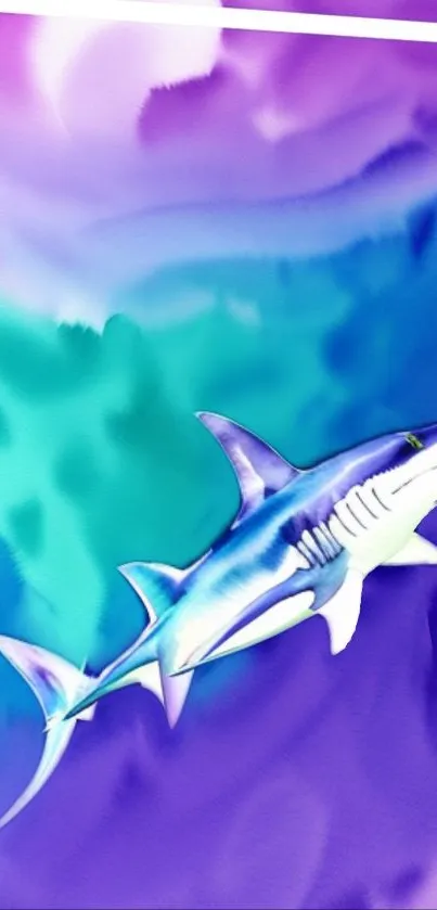 Colorful shark art with purple and blue ocean background.