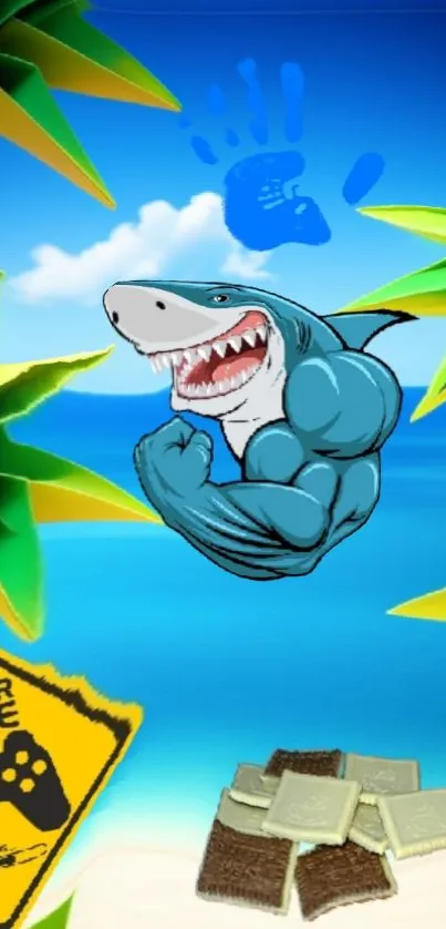 Muscular shark with tropical beach background on mobile wallpaper.