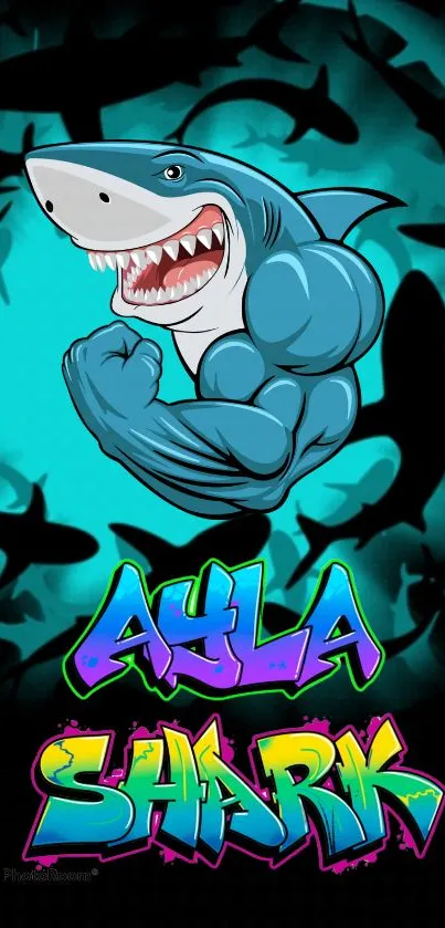 Vibrant cartoon shark with graffiti text on teal background.