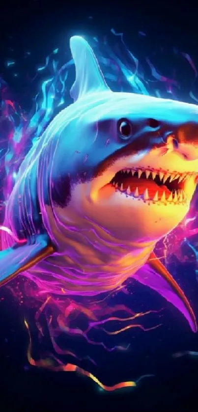 Vibrant neon digital art of a shark glowing underwater, perfect for phone wallpaper.