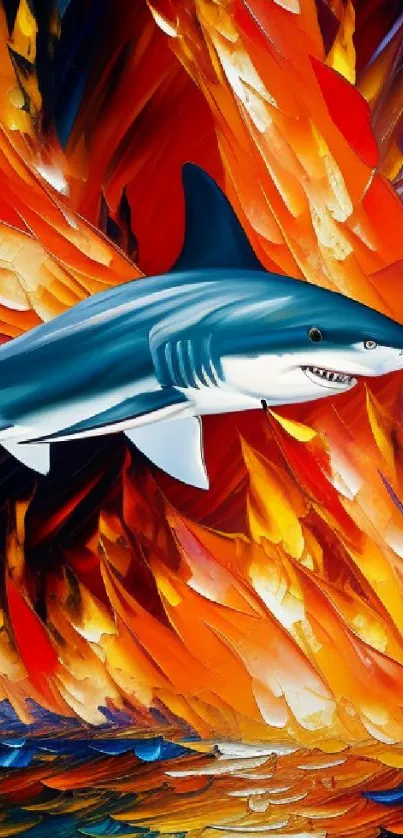 Shark swimming through vibrant fire and water, creating an abstract art scene.