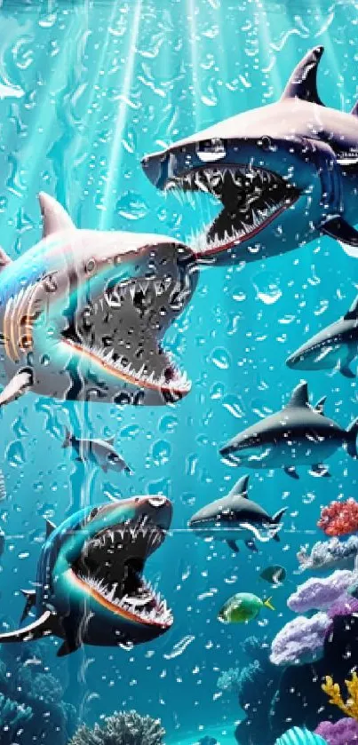 Animated sharks swim in a colorful underwater coral reef scene.