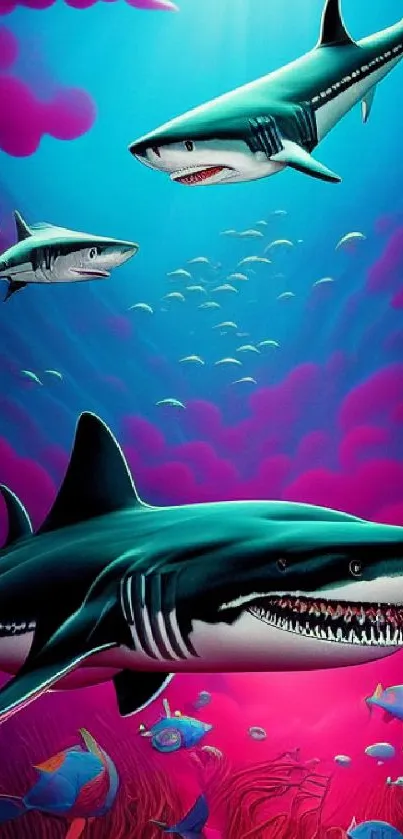 Vibrant wallpaper featuring sharks and marine life in a colorful underwater scene.