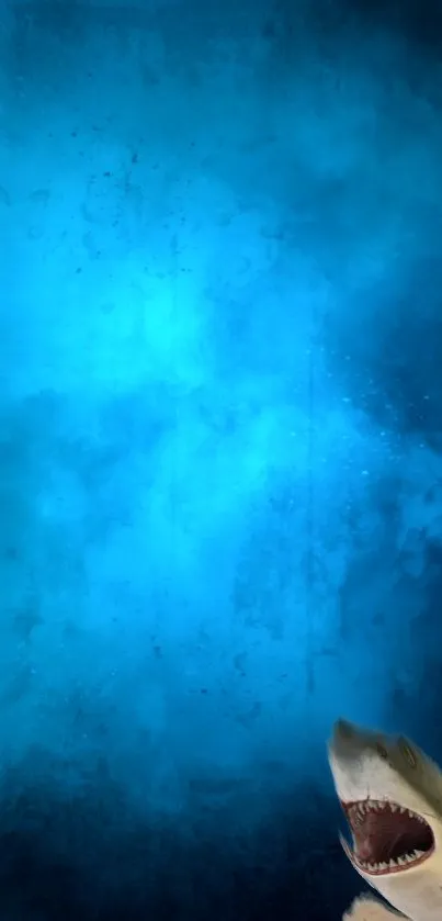Vibrant blue ocean wallpaper with a shark in the lower right corner.