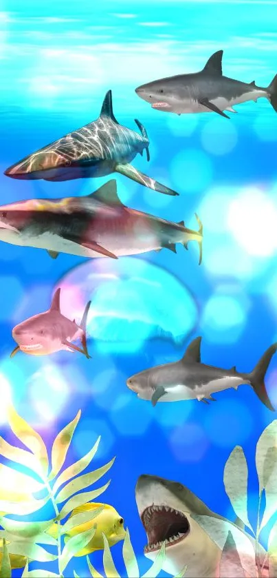 Colorful ocean wallpaper featuring sharks swimming in a vibrant blue sea.