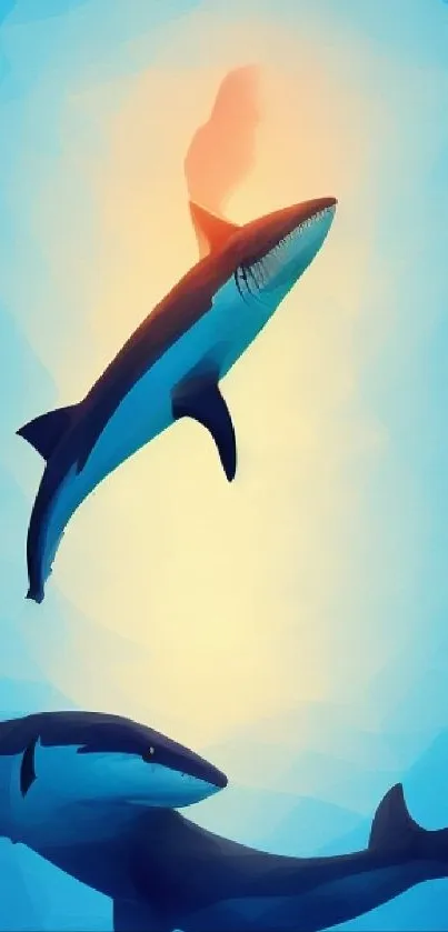 Illustrated shark swimming in blue ocean with sunlight.