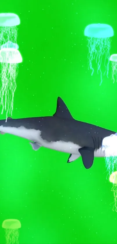 Shark swimming with glowing jellyfish on neon green background.