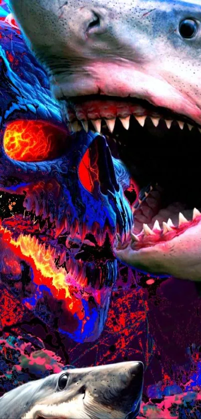 Colorful artistic wallpaper with a shark and skull fusion.