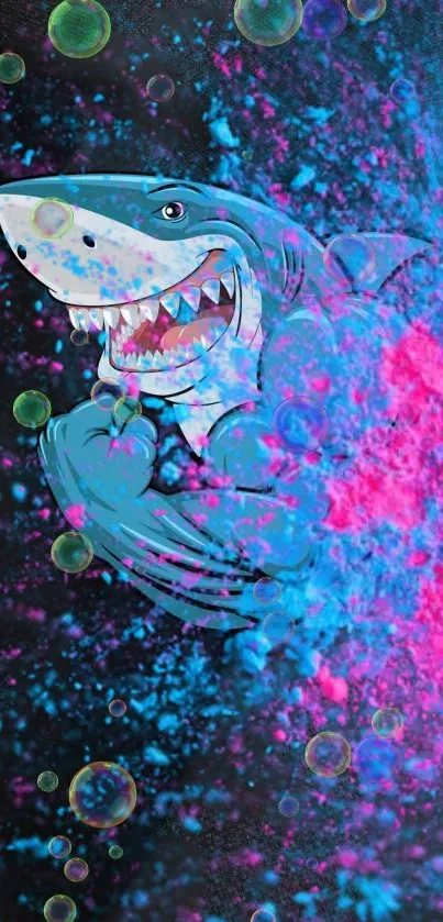 Vibrant shark with blue and pink splash effects in dynamic wallpaper design.