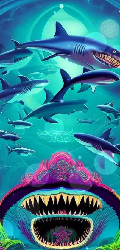 Psychedelic art of sharks swimming in a vibrant ocean setting.