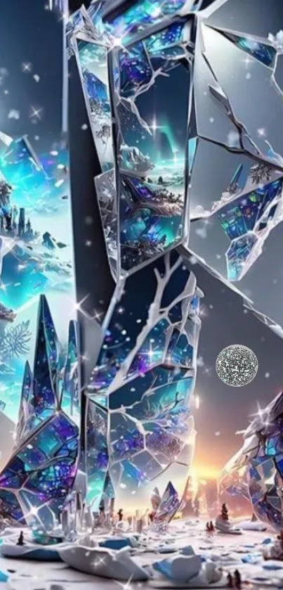 Dynamic shattered ice artwork with vibrant blue and purple tones.