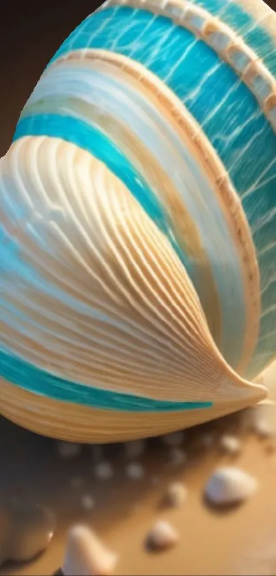 Beige and blue seashell art on mobile wallpaper.