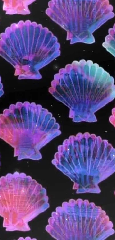 Neon seashells pattern in purple hues on mobile wallpaper.