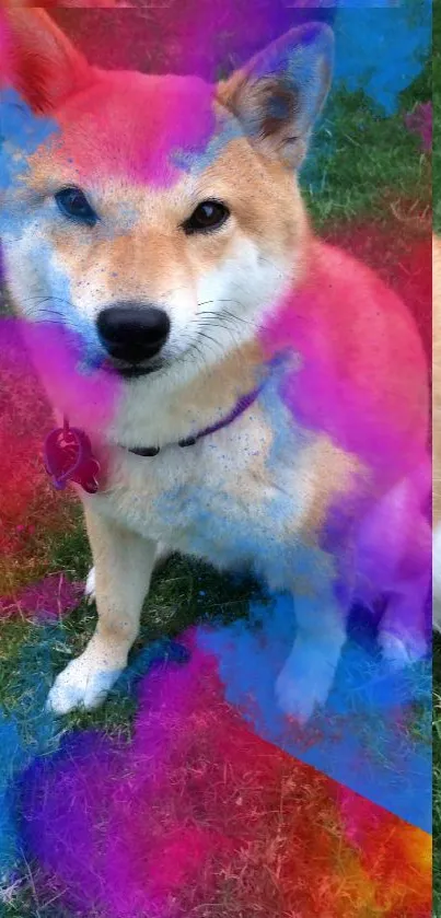 Shiba Inu with vibrant abstract colors in a grassy field background.